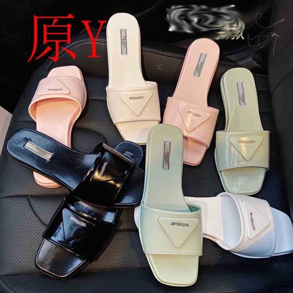

high definition 2021 spring and summer new p triangle fashion square open toe lazy flat slippers for women zlh, Black