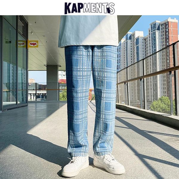 

men's jeans kapments men baggy wide leg plaid pants 2021 mens japanese streetwear causal denim trousers male kpop vintage, Blue