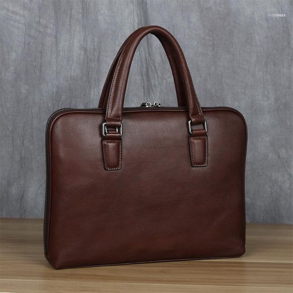 Pouca masculina vintage Genuíno de couro original Handbag Casual Man Business ombro Brown para laptop nupugoo1 de 14 polegadas