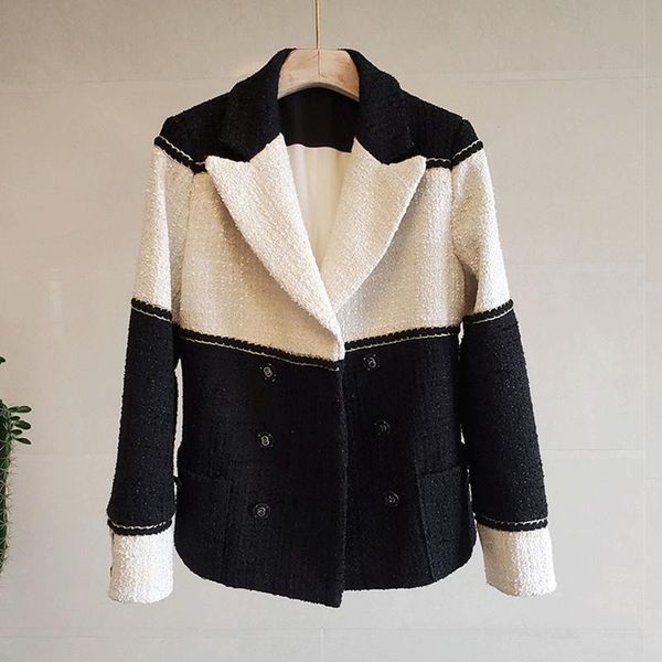 

women's wool & blends [ewq] temperament lapel long sleeve contrasting color ladies coarse floral coat korean chic casual wear autumn wi, Black