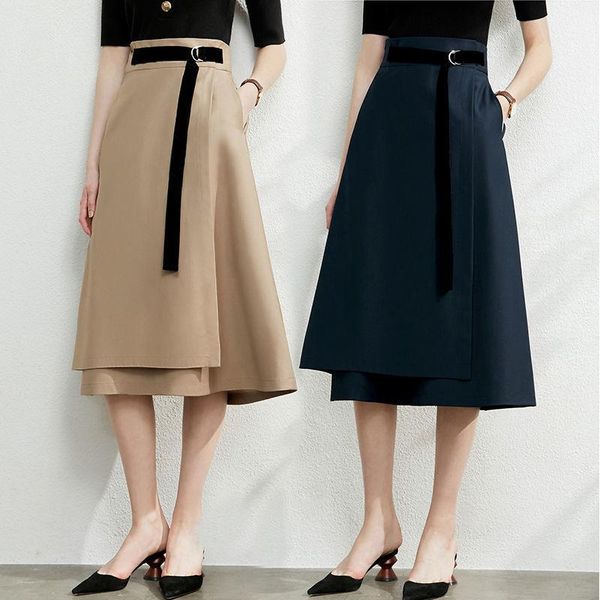 

women 2021 spring autumn fashion high waist split skirts female solid color slim ladies mid-long a-line v1064, Black