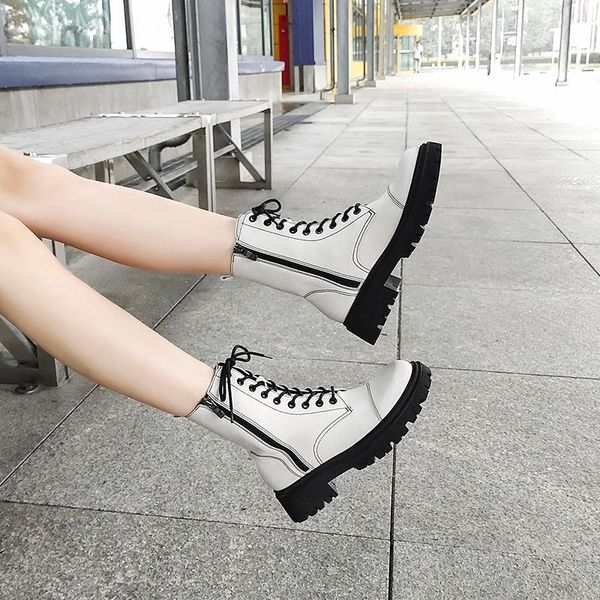 

boots women shoes autumn lace up white genuine leather double zipper platform low heels designer mid calf chunky black