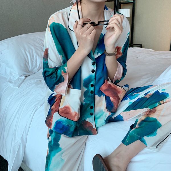 

sleepwear women's trousers pajamas set printing lapel casual large soft sleepwear suit size loose home wear pb7r lj7i, Black;red