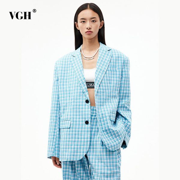 

women's suits & blazers vgh casual loose blue gingham female notched long sleeve korean fashion colorblock jackets spring 2021 style, White;black