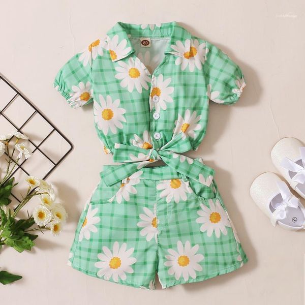 

clothing sets #vw children baby girls suit short sleeve sunflower printed bowknot turn-down collar +loose shorts outfits summer casual, White