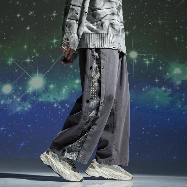 

men's pants 2021 side stripe button mens wide-leg streetwear casual jogging men hip hop sweatpants male trousers 5xl, Black