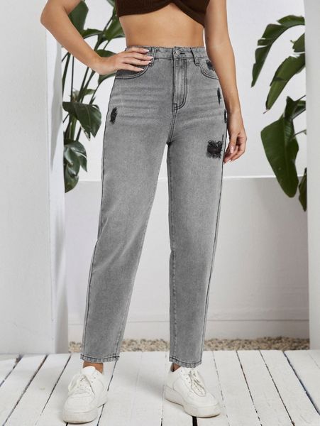 

high waist ripped tapered jeans l6rw#, Blue