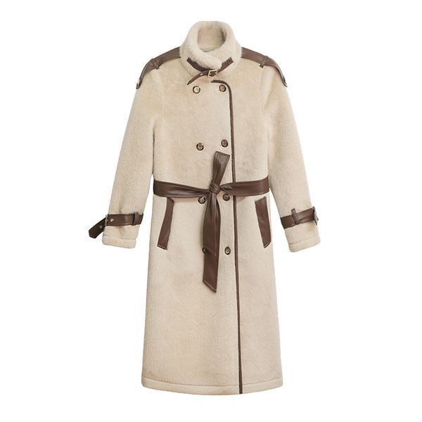 Cappotto solido beige da donna Colletto rovesciato Pelliccia sintetica Fascia in lana d'agnello Blet Tasca doppiopetto C0532 210514