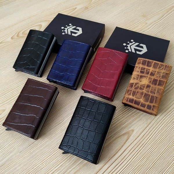 

wallets smart wallet business card holder real cow croco leather handmade automatic men gift black burgundy navy blue, Red;black