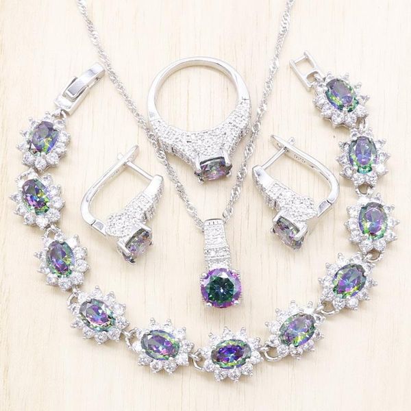 

earrings & necklace trendy rainbow cubic zirconia women jewelry sets bridal silver color stones ring bracelets pendant