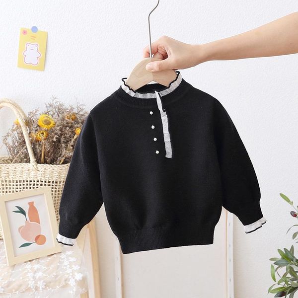 

pullover baby girls sweater 2021 autumn winter children knitted bottoming shirt lace o-neck loose solid color kids casual, Blue