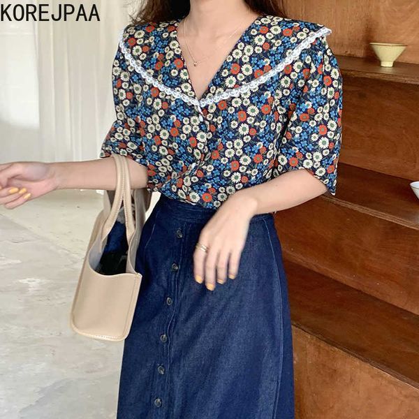 Korejpaa mulheres vestido conjuntos verão coreano retro lapela laço mosaico flor de flor e cintura alta single-breasted denim saia terno 210526