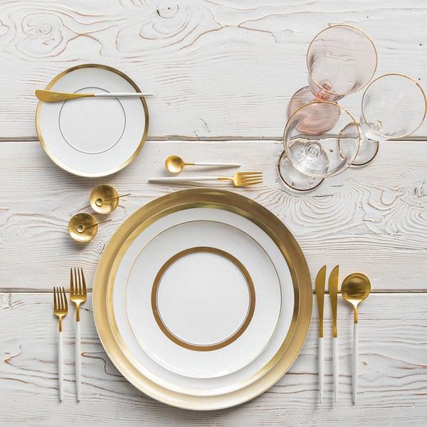 

ceramic plate dinner tray vajillas circular white gold rim restaurant dinnerware dish tableware steak flat 1pcs dishes & plates