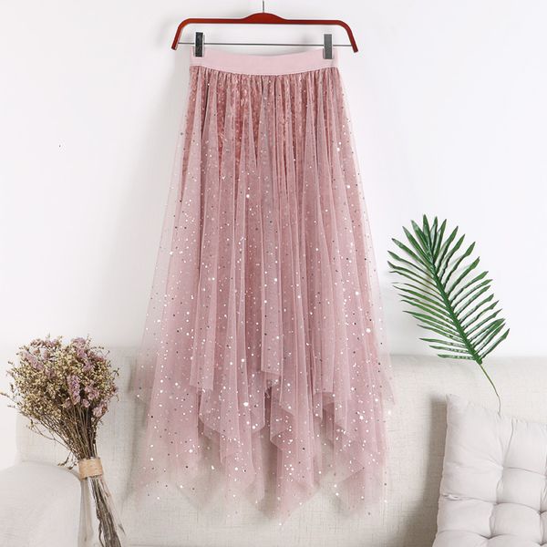 

skirts women mesh gold veet lining irregular a-line star sequins long maxi jupe femme faldas saia ks5k, Black