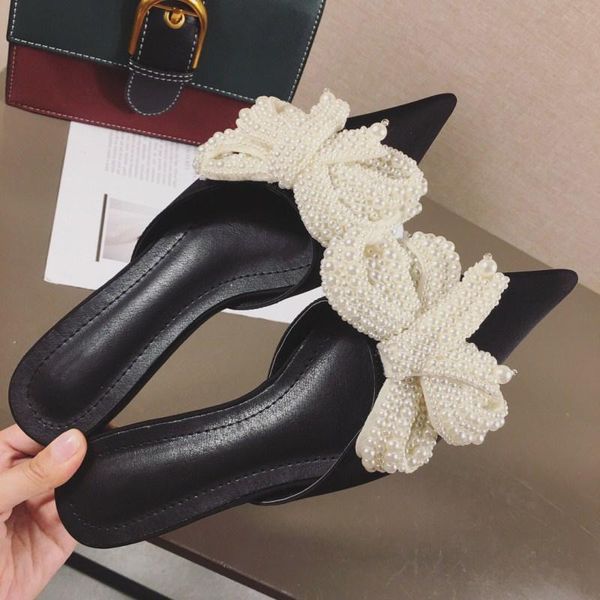 

fashion women shoes female mules slippers pearl bowknot slides woman non-slip flat ladies outdoor, Black