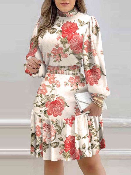

shein romwe y2ko-neck floral print a line lantern sleeve shirred ruffles midi vestidos elegant party women dress g1214, Black;gray