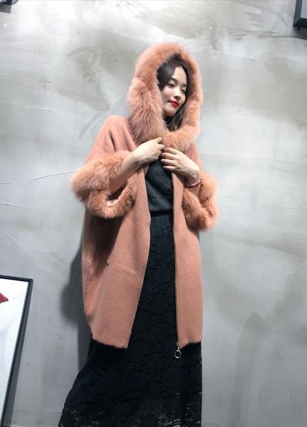 

women's sweaters women knitted mink cashmere sweater with big fur sleeve and hood ladies fashion batwing coat zip, White;black