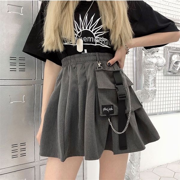 

big pocket grey women a-line skirt streetwear high waist chain mini skirt punk hip-hop harajuku skirts womens casual short skirt 210319, Black