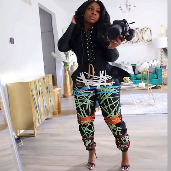

women casual two piece sets plus size clothing 2 piece set pants sets club outfits print lace up crop and sweatpants suit, Black;white