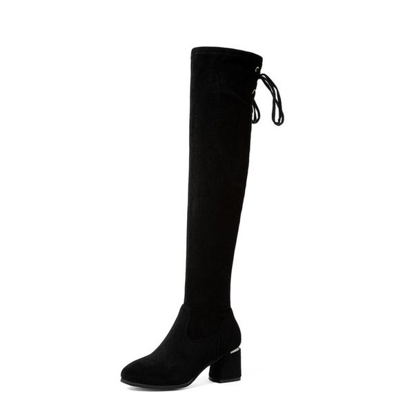 

boots 2021 women over the knee high hoof heels winter shoes pointed toe elastic fabric, Black