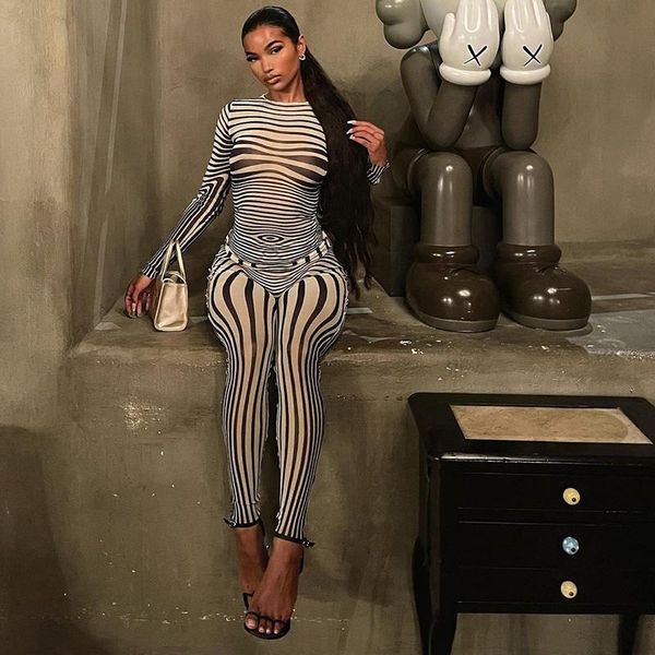 

women's two piece pants wsevypo geometric ripple print two-piece sets suits y2k vintage see through mesh skinny t-shirt and leggings, White