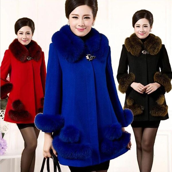 

women's wool & blends autumn and winter cashmere coat imitation fur collar large size long middle-aged mother loaded woolen, Black