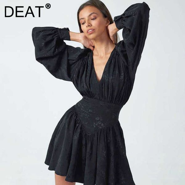 DEAT Primavera Autunno Chiffon Nero Stampa Elegante Mini Abito Allentato Lanterna Donna Pieghettato Abiti Slim ML770 210709