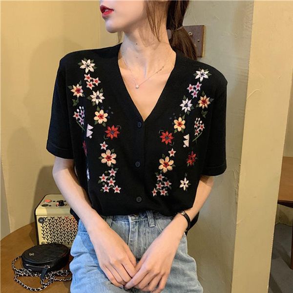 

women's knits & tees embroidered blouse summer ins tide v-neck embroidery retro ethnic short-sleeved t-shirt loose thin knitted cardiga, White
