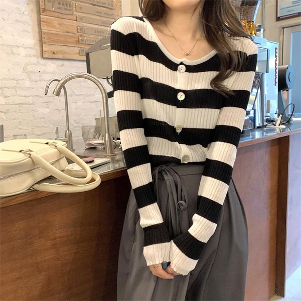 

women's knits & tees vintage stripe knitted cardigan spring and autumn slim fit inner wear bottoming shirt thin sweater chic kio, White