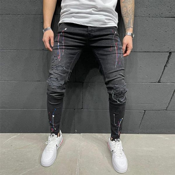 

men's jeans fashion printed men ripped skinny slim fit biker pencil pants casual denim draped chic hip hop male, Blue