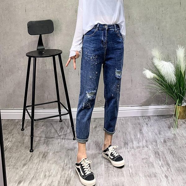 

women's jeans 2021 spring korean style rhinestone high waist loose fake ripped ankle-tied harem pants, Blue