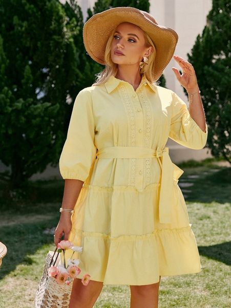 

simplee plus frill trim button front belted dress t9qq#, Black