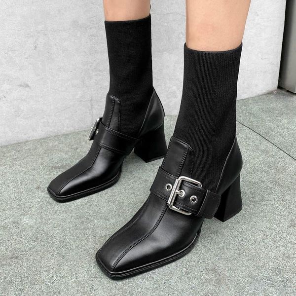 

boots 2021 genuine leather ankle for women black slim stretch knitted sock autumn winter high heels