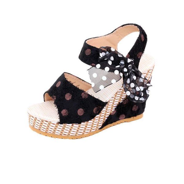 

sandals women dot bowknot design platform wedge female casual high increas shoes ladies fashion ankle strap open toe, Black