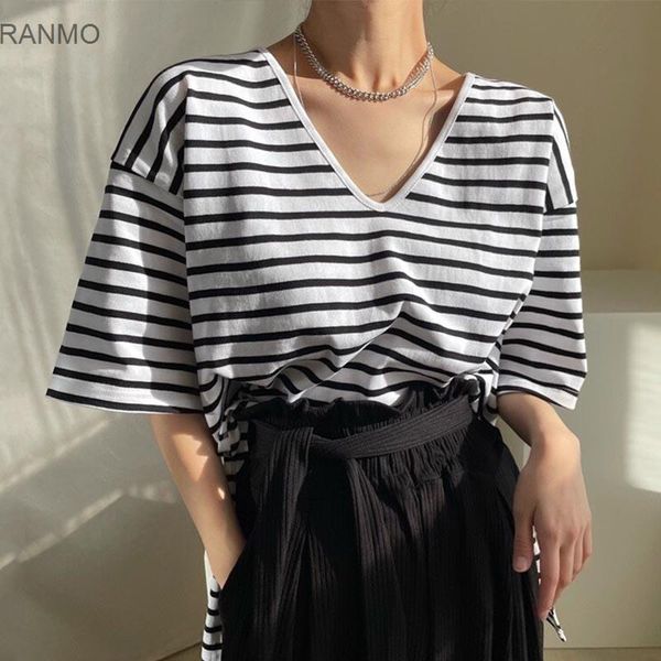 

women's t-shirt korean chic lazy casual v-neck contrast stripe design loose and versatile short sleeve split bottom, White