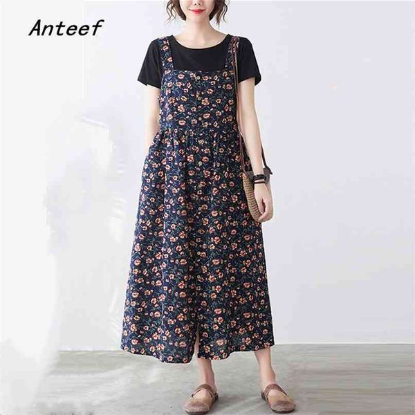 

strap plus size cotton vintage floral dresses for women casual loose long woman summer dress elegant clothes sundress 210517, Black;gray