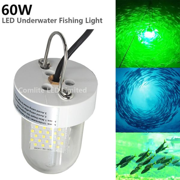 DC12V-24V 60W queda profunda subaquática levou isca de luz de pesca ao ar livre g / w / b lâmpada do localizador de peixe