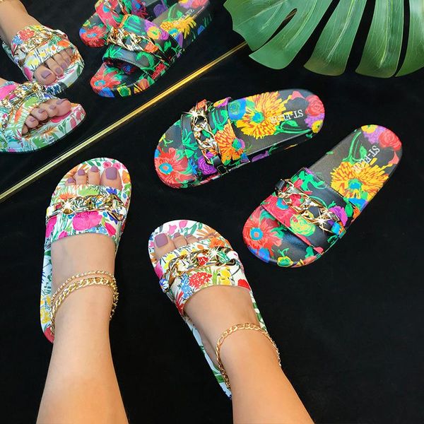 

slippers 2021 summer fashion shoes for women sweet sexygirl flower print metal-decoration indoor and outside home ladies sandals, Black