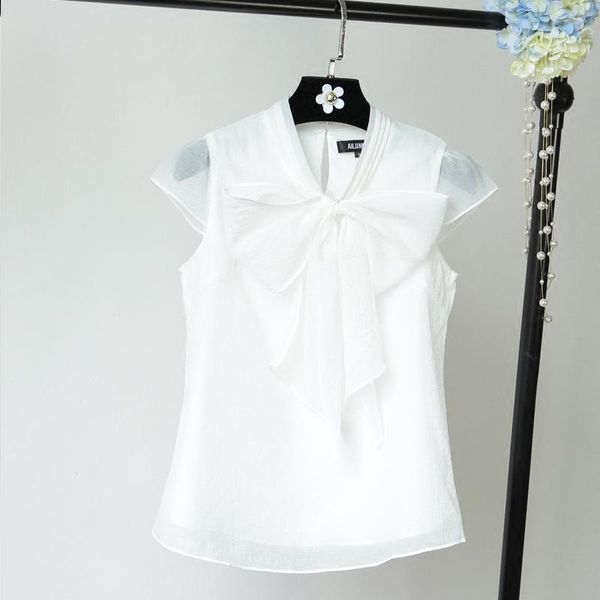 

women white blouse 2021 summer korean sweet large bow organza shirt office lady short sleeved ladies blusas women's blouses & shirts