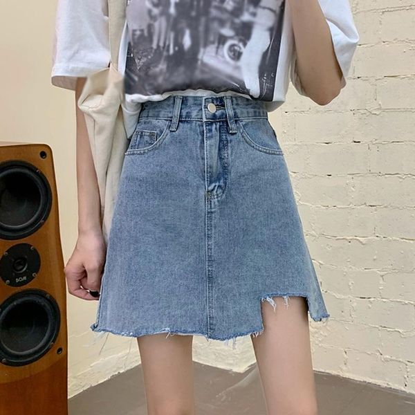 

skirts summer irregular denim skirt high waist show thin retro fashion streetwear, Black