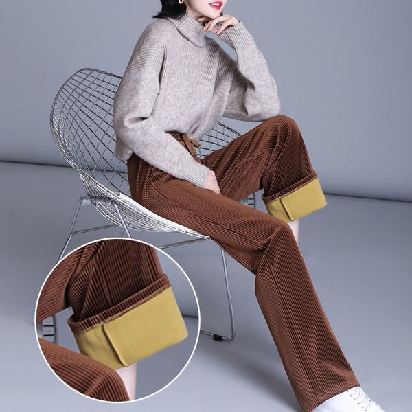 

skirts striped velvet wide leg pants women's autumn winter high waist straight-leg elastic loose brown corduroy trousers women ti8, Black