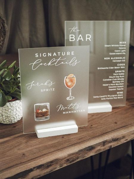 

hand painted acrylic signature drinks + bar menu set of modern wedding signs| frosted or clear | wood stand included party decoration