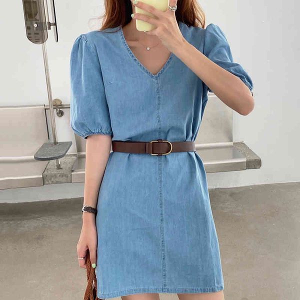 Verão simples cintura alta v pescoço vestido de senhoras mulheres elegante manga curta denim azul mini vestidos cinto de presente qv1424 210510