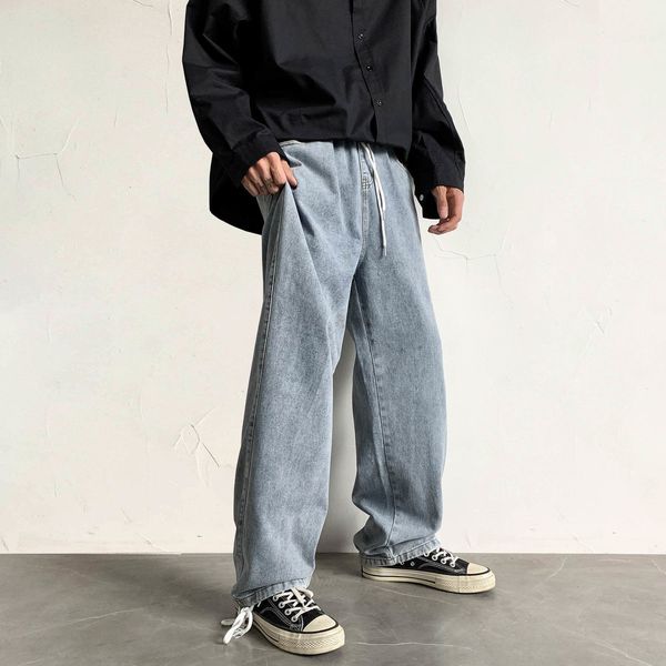 

men's jeans loose elastic waist black/blue casual pants baggy homme stretch cargo pocket biker denim trousers size s-2xl 8jmn