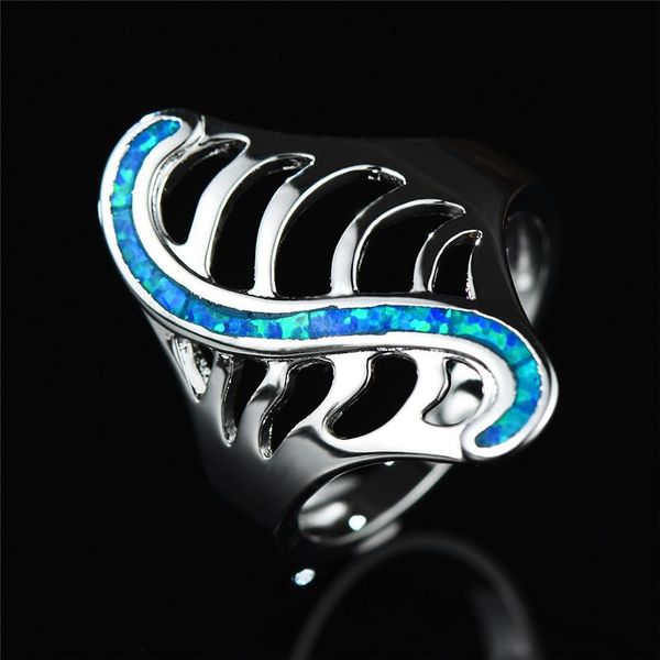 

wedding rings boho style s shaped bone for men women 925 sterling silver filled blue white fire opal ring hollow leaf jewelry, Slivery;golden