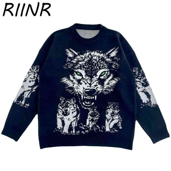 

riinr 2021 autumn and fashion wolf print cloth male hip-hop country brand loose winter new men sweater, White;black
