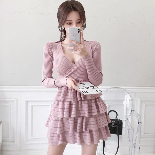 

casual dresses ruffle women knitting dress v neck long sleeve autumn office ladies party mini vestidos, Black;gray
