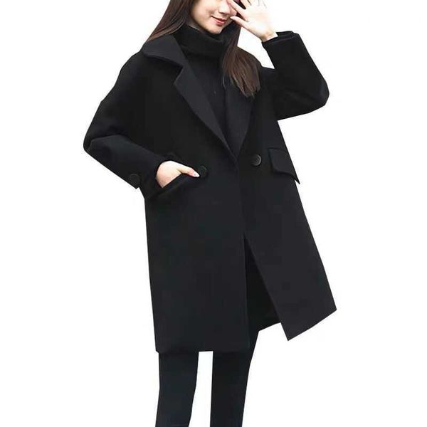 

autumn winter black woolen coat korea turn-down collar loose casual long warm thick double breasted jackets plus size s-4xl 210930