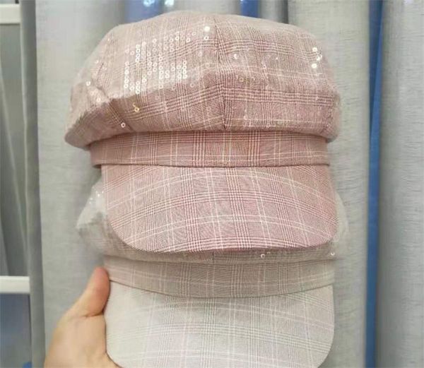 

stingy brim hats 202107-pinshang british college style sequins grid plaid sboy cap leisure lady octagonal hat women visors, Blue;gray