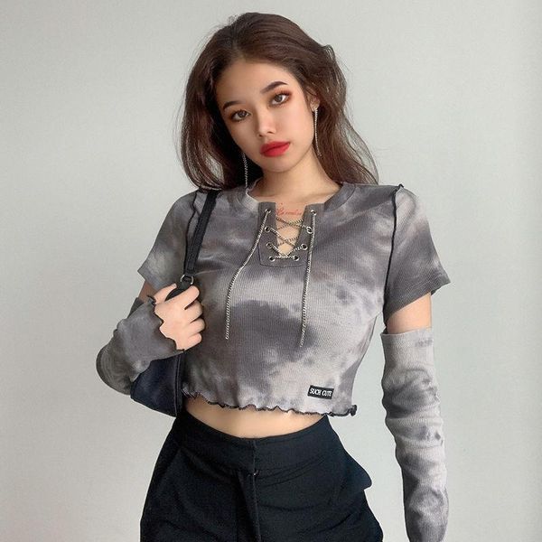 

autumn design sense v-neck tie-dye sleeve t-shirt female hollow long-sleeved short curled letter embroidery student shirt trend women's, White